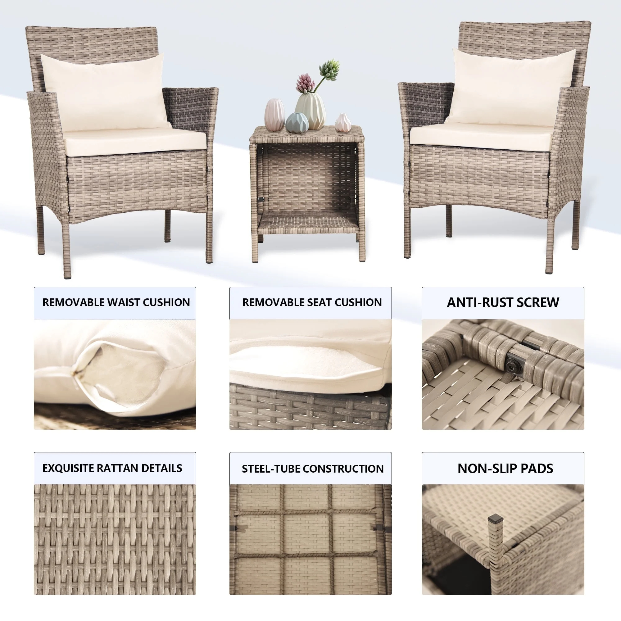 Tappio 3 Piece Patio Conversation Bistro Set Outdoor Chat Furniture, Porch Balcony Furniture Set,Wicker Chairs and Storable Table Set for Patio Balcony Backyard Apartment, Gray/Beige