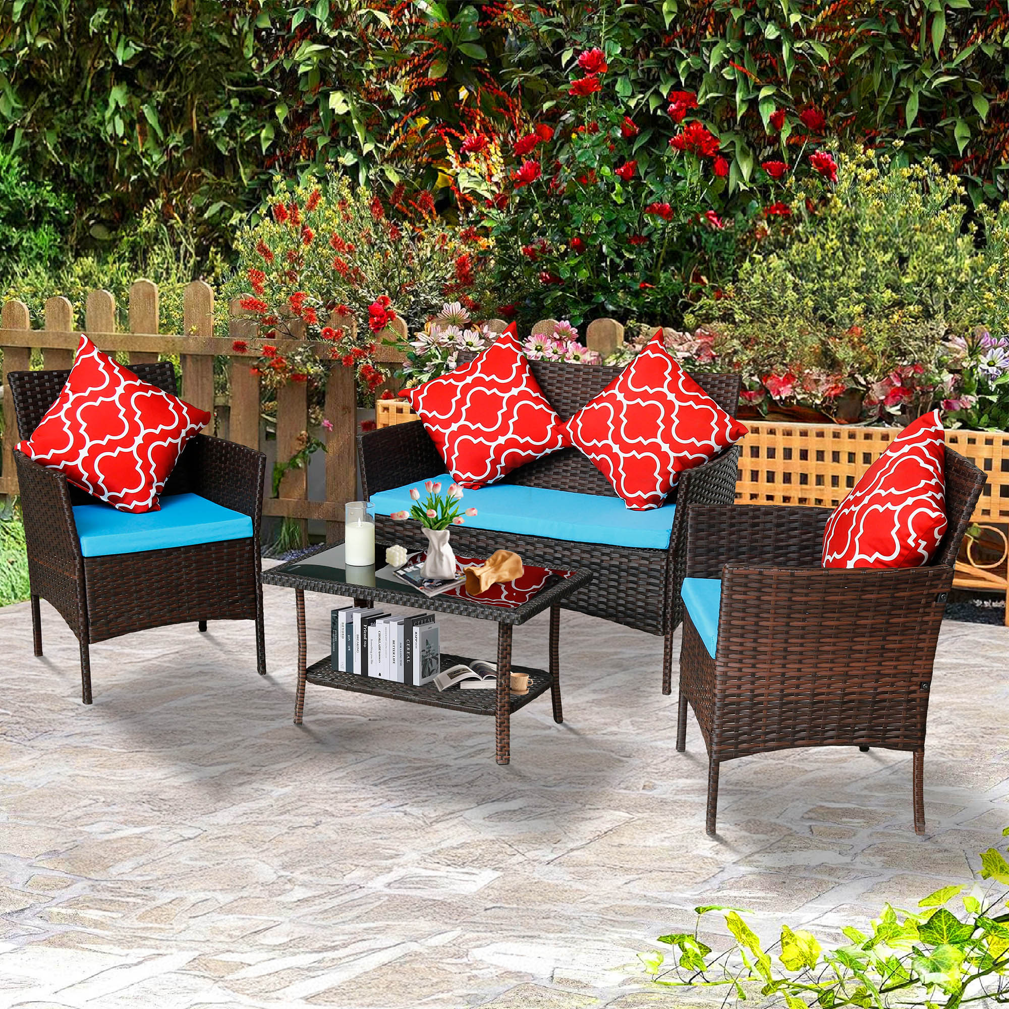 Tappio 4 Piece Outdoor Rattan Furniture Patio Conversation Set, Wicker Sofa Outdoor Patio Sets with Red Waist Pillows, Blue Cushions and 2-Tier Table for Yard, Pool or Backyard