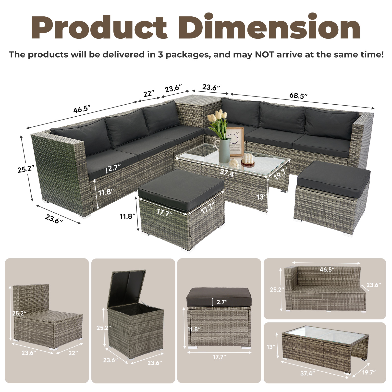 Tappio 10-Piece Rattan Patio Furniture Set, Patio Conversation Set with Hydraulic Deck Box and Side Table Outdoor Sectional Furniture Set for Patio, Garden, Backyard, Grey/Black ﻿