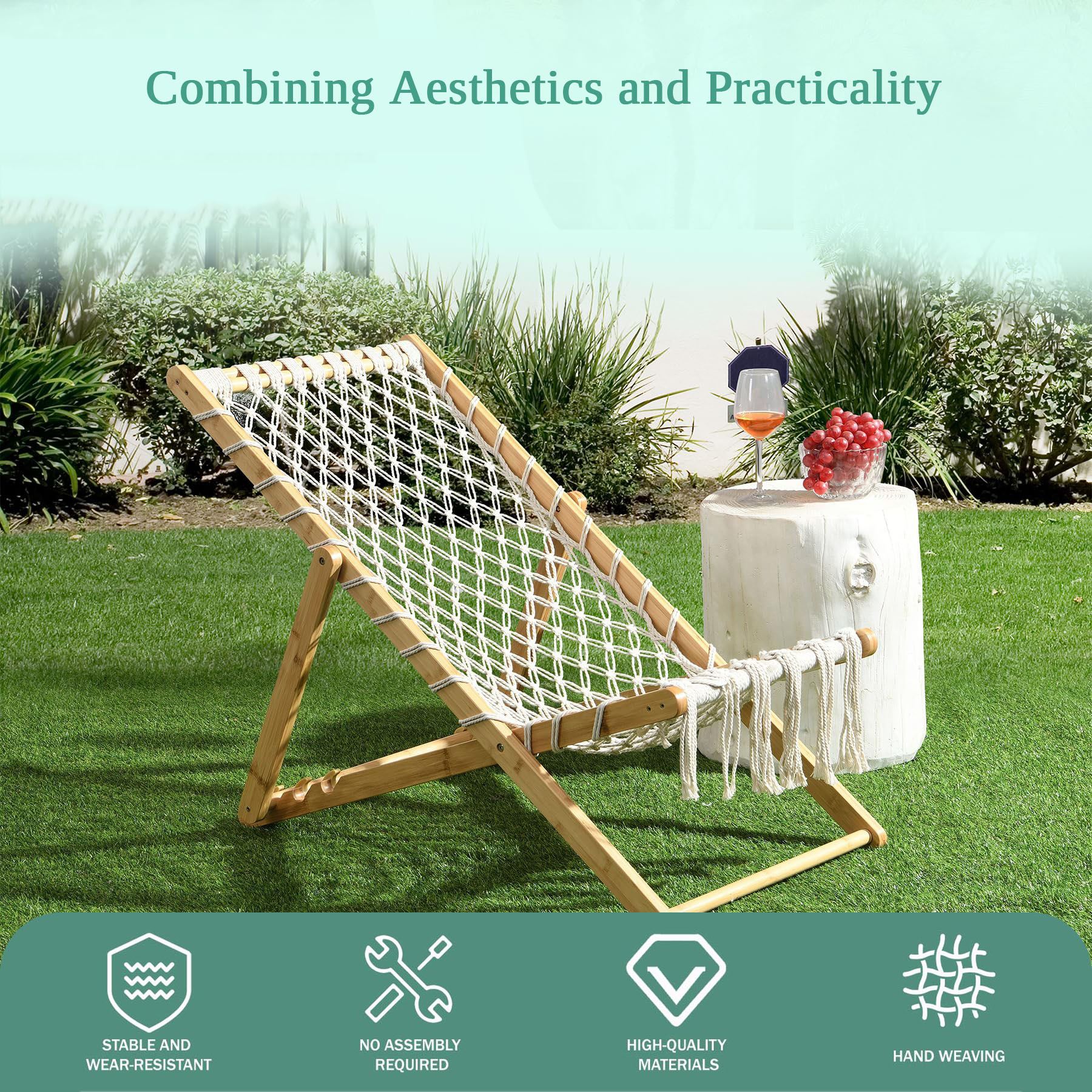 Tappio Foldable Patio Chairs Set of 2, All Weather Outdoor Chaise Patio Lounge Chairs Accent Chairs with 3 Adjustable Backrest Positions, No Assembly, Bamboo Frame, Natural