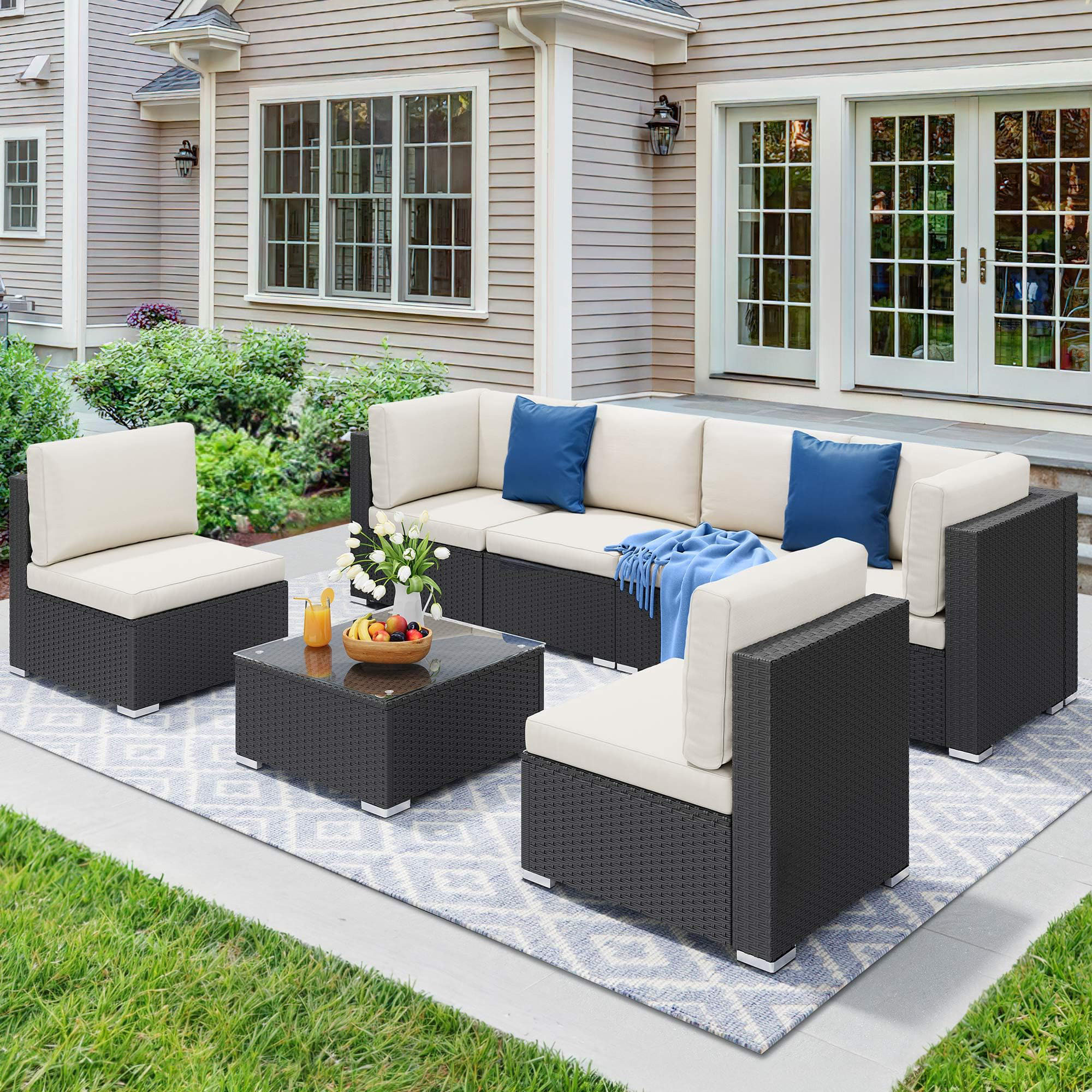 Tappio 7 Pieces Outdoor Patio Furniture Sets, PE Rattan Wicker Patio Conversation Sectional Set with Washable Thick Cushions and Tea Table, Black/Cream