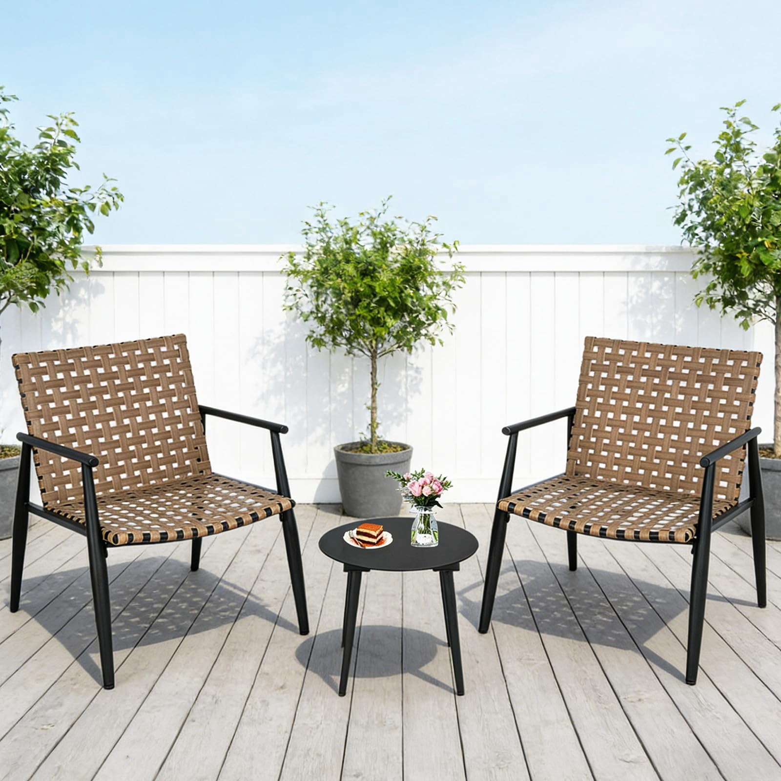 Tappio 3 Piece Outdoor Wicker Bistro Furniture Set, PE Rattan Chairs Porch Furniture Set with Glass Table for Yard Garden Balcony