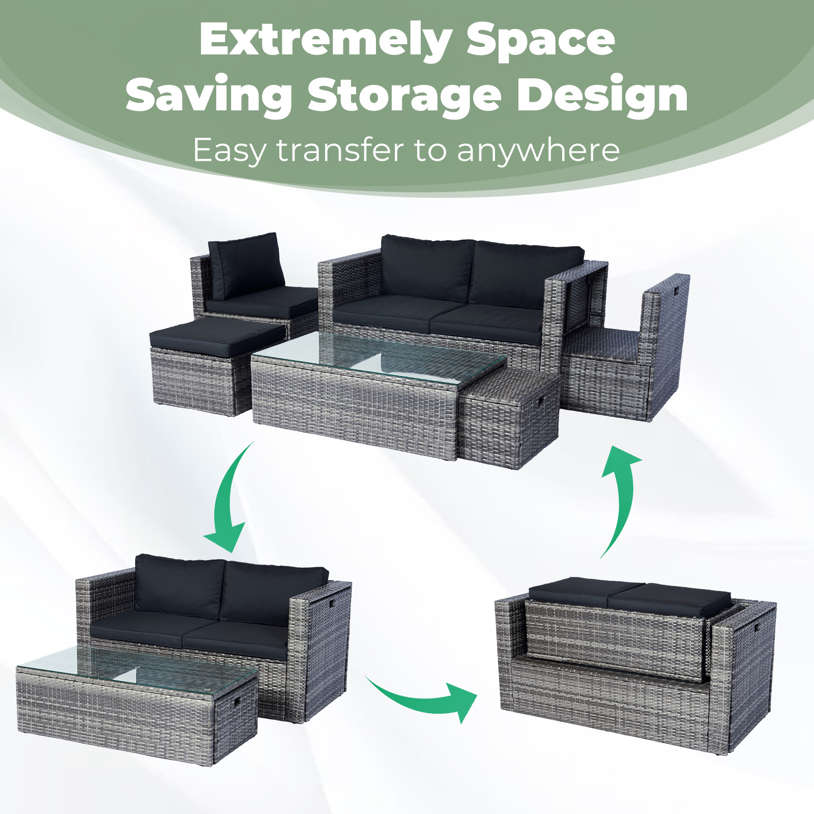 Tappio 7-Piece Rattan Patio Furniture Set, Storable Patio Conversation Set Outdoor Sectional Furniture Set for Patio, Garden, Backyard, Grey/Black