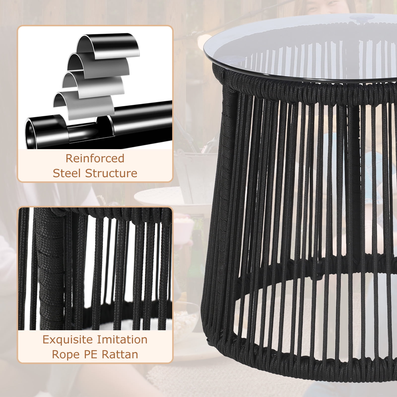 Tappio Patio Rattan Round Side End Table, Tempered Glass Top End Table with Adjustable Foot Pads, Black Small Bistro Table ﻿