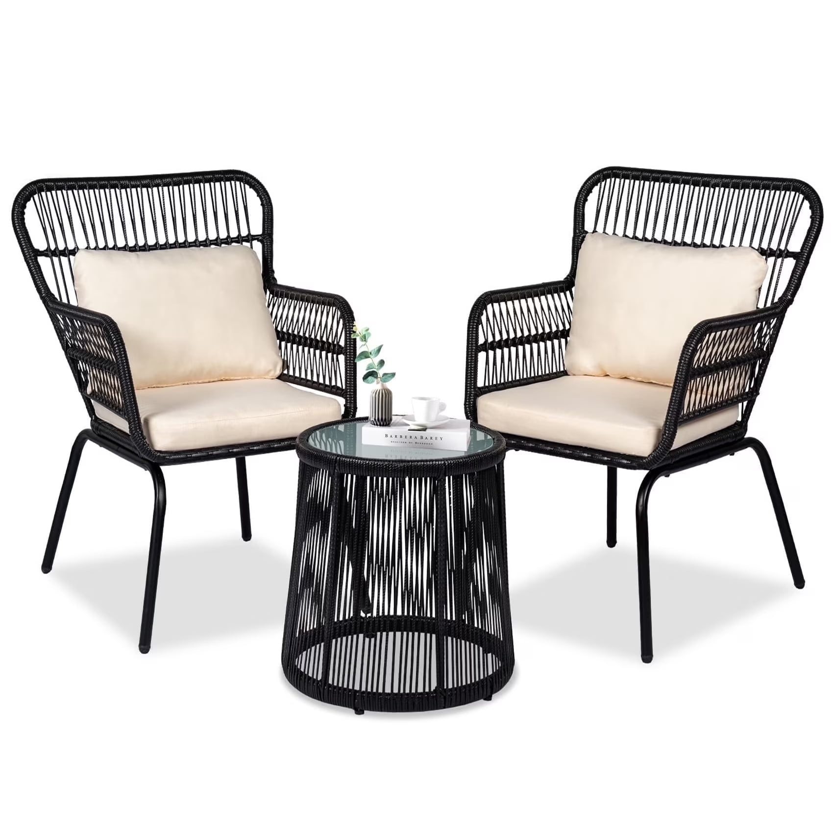 Tappio 3-Piece Patio Conversation Bistro Set Rattan Furniture, Outdoor Patio Set w/Glass Top Table & Cushions for Garden Balcony Backyard Poolside