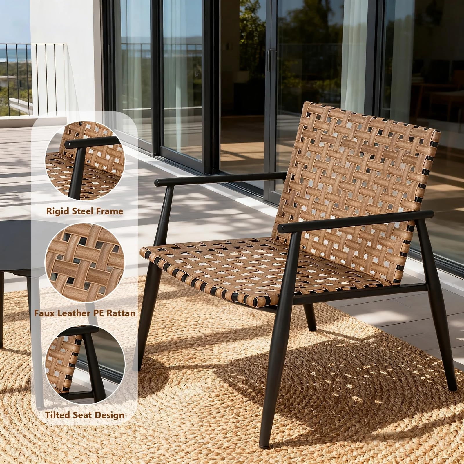 Tappio 3 Piece Outdoor Wicker Bistro Furniture Set, PE Rattan Chairs Porch Furniture Set with Glass Table for Yard Garden Balcony