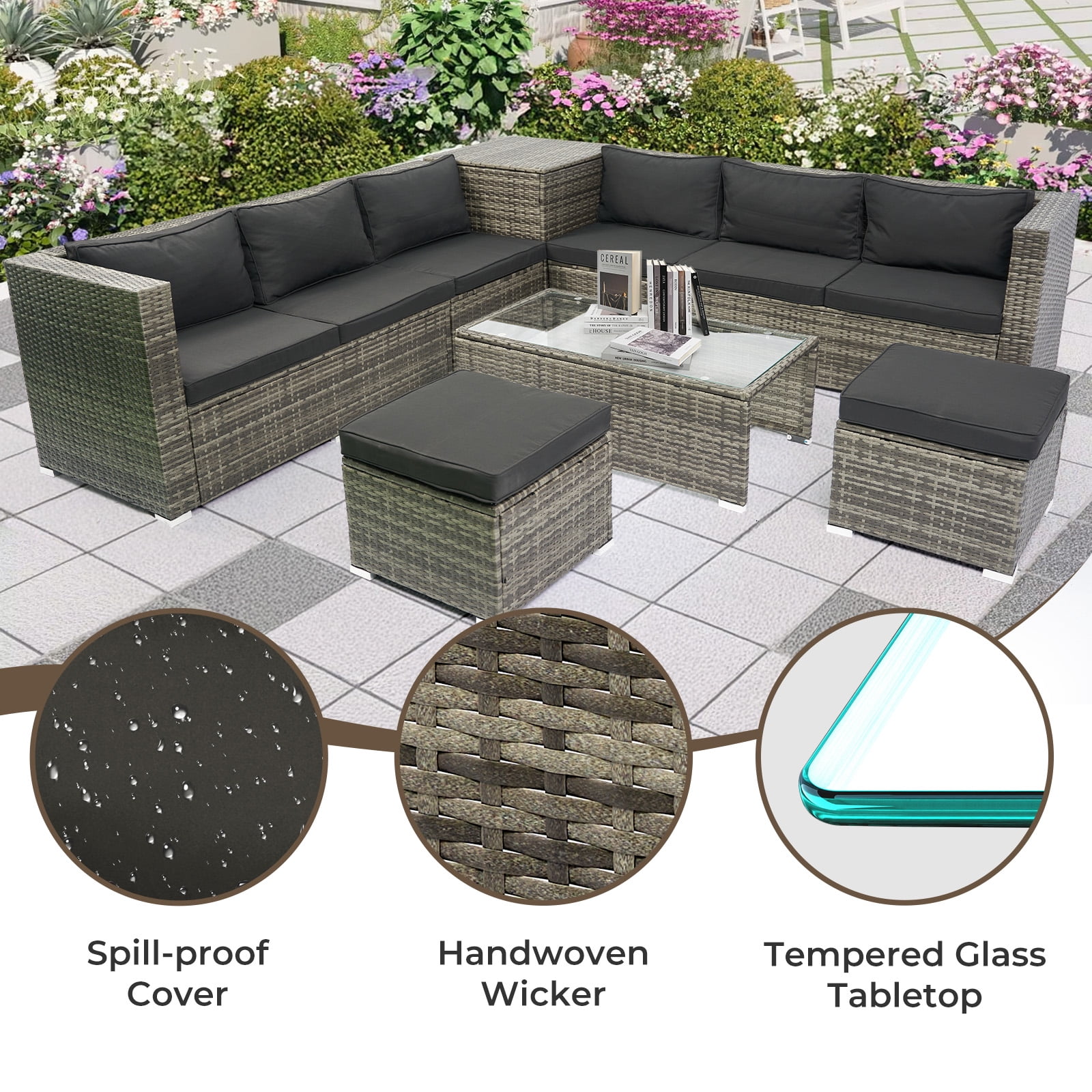 Tappio 10 Pieces Rattan Patio Furniture Set, Patio Conversation Set with Deck Box and Side Table Outdoor Sectional Furniture Set for Patio, Garden, Backyard, Grey/Black ﻿