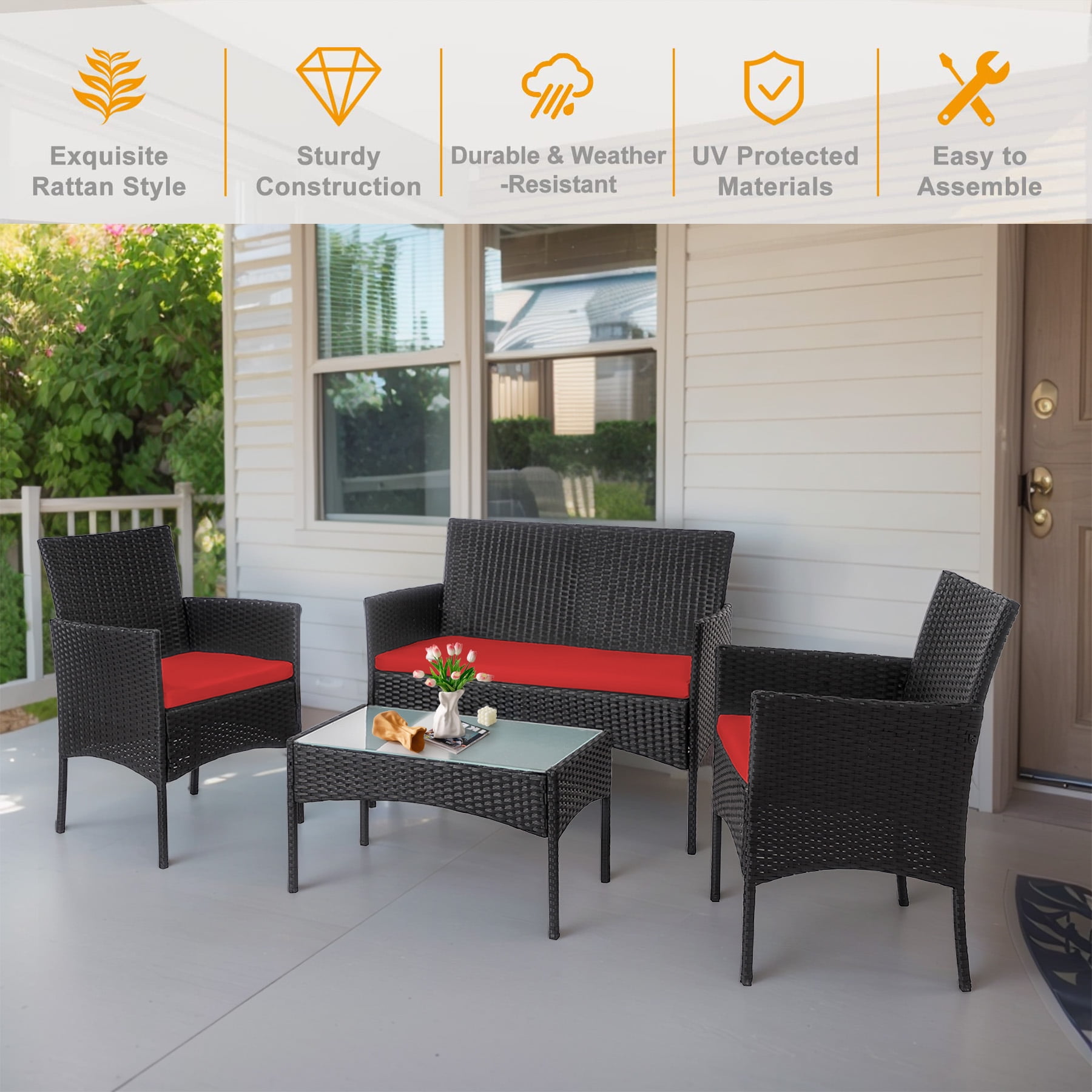 Tappio 4 Piece Patio Conversation Wicker Furniture Set, Porch Furniture Outdoor Sectional Furniture Set w/Side Table & Cushions, Wicker Sofa Garden Conversation Set for Yard Pool Backyard