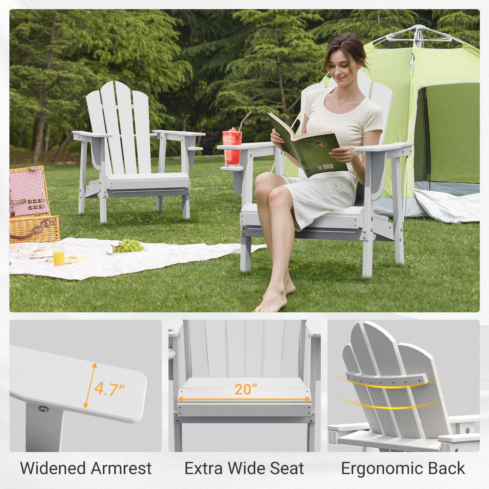 Tappio Adirondack Chair, All Weather Outdoor Patio Chair with Cup Holder, Porch Poolside Chair for Lawn, Yard, White