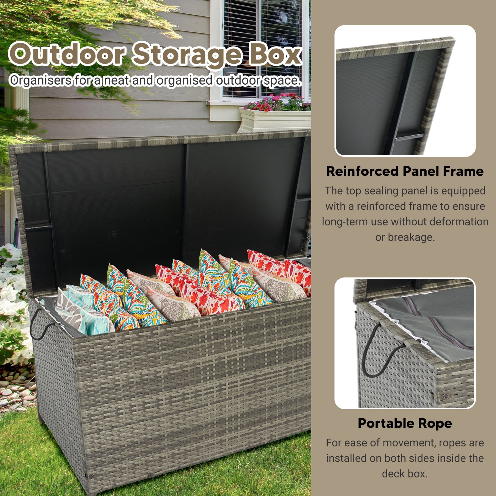 Tappio 200-Gallon Deck Box, Lockable Outdoor PE Rattan Storage Box with Rod and Waterproof Bag,