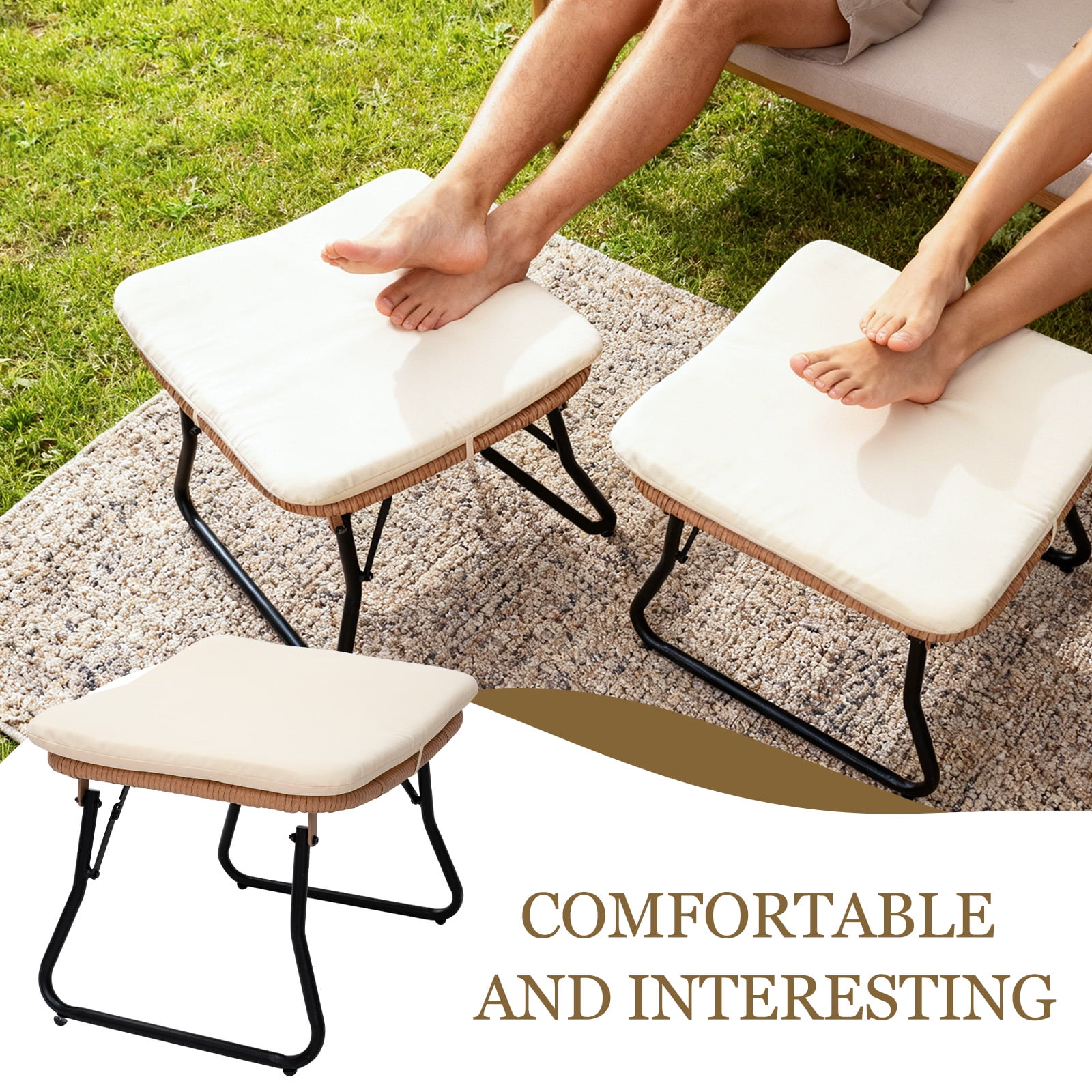 Tappio Foldable Ottoman Stool, All Weather Wicker Footstool with Cushion and Non-Slip Pads, Outdoor Seating Footrest for Bedroom, Living Room, Porch, Balcony