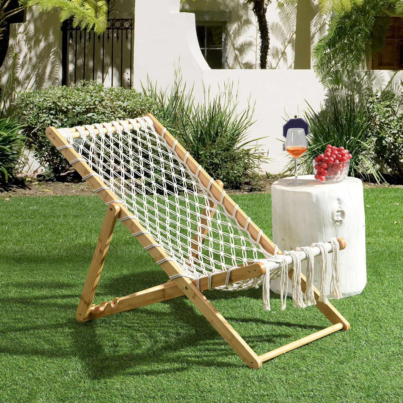 Tappio Foldable Patio Chairs Set of 2, All Weather Outdoor Chaise Patio Lounge Chairs Accent Chairs with 3 Adjustable Backrest Positions, No Assembly, Bamboo Frame, Natural