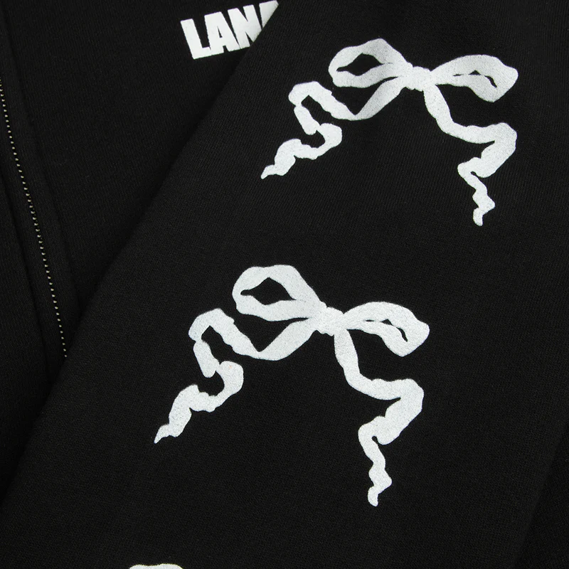 Black Zip-Up Hoodie With Ribbon Sleeves