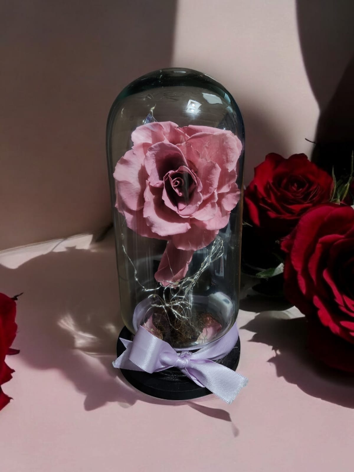 Flor eterna natural palo de rosa con luces