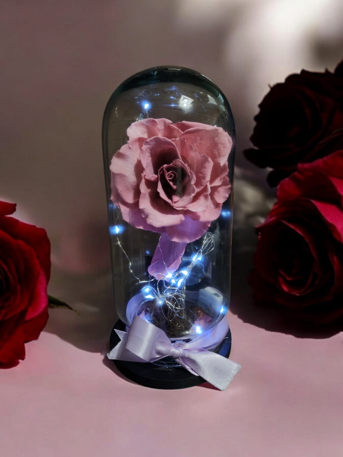 Flor eterna natural palo de rosa con luces