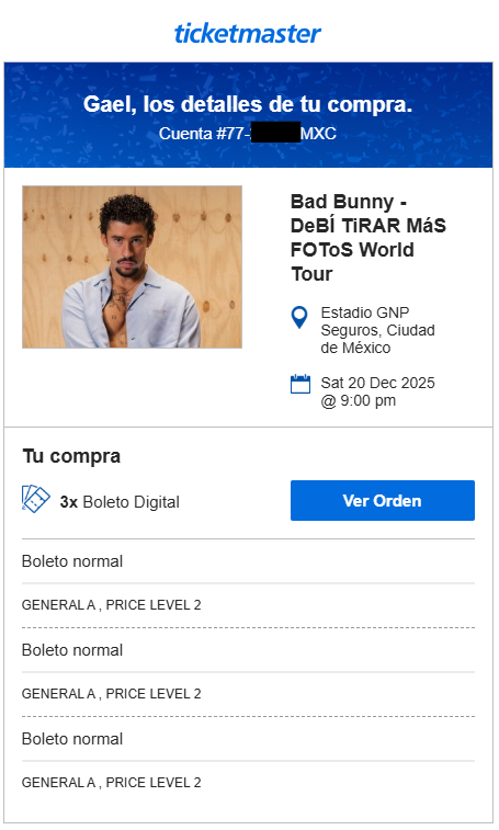 Boleto de rifa Bad Bunny x2 entradas GENERAL A. DIC 20