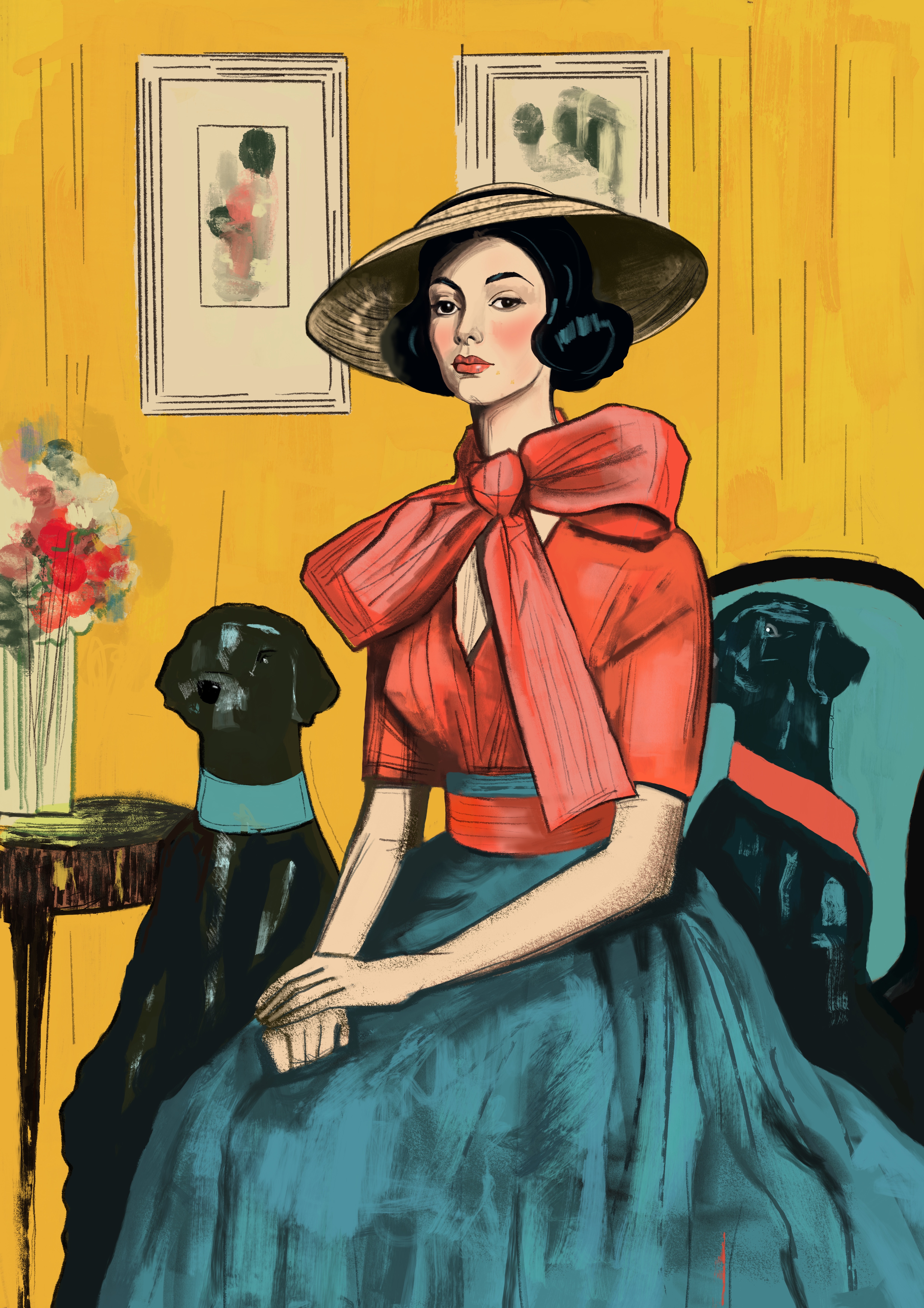 Woman with two black dogs