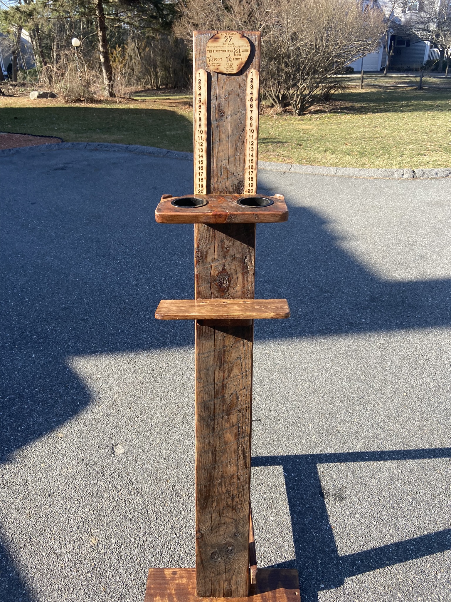 Corn Hole Score Keeper Stand with drink holders and cell phone tray