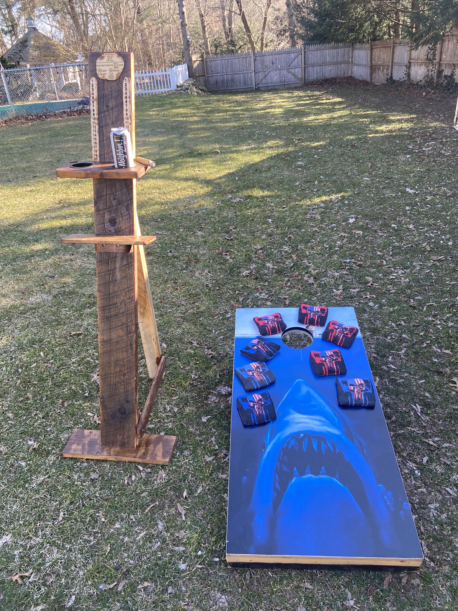 Corn Hole Score Keeper Stand with drink holders and cell phone tray