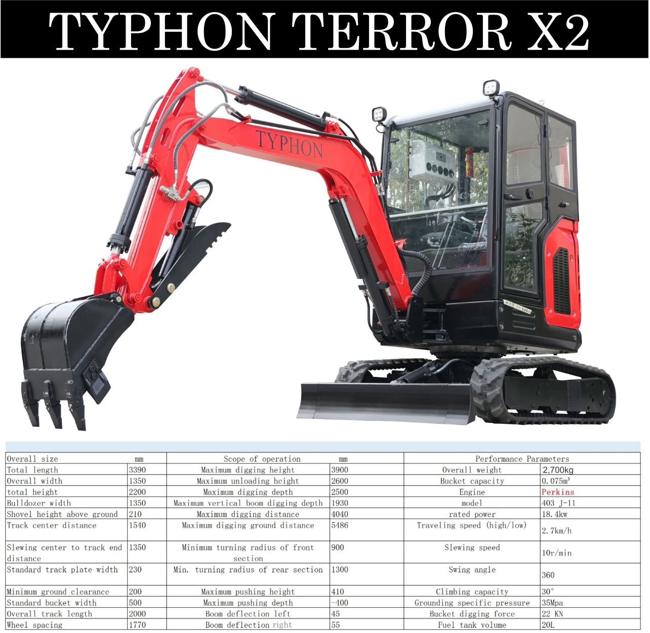 TYPHON TERROR X2 Mini Excavator 2.7 Ton - EPA Compliant Diesel Perkins Engine USA