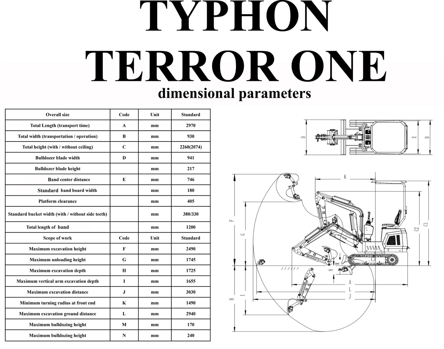 TYPHON TERROR ONE STORM 1 Ton Mini Excavator with Canopy, Hydraulic Thumb, Oil Cooler, 13.5hp USA