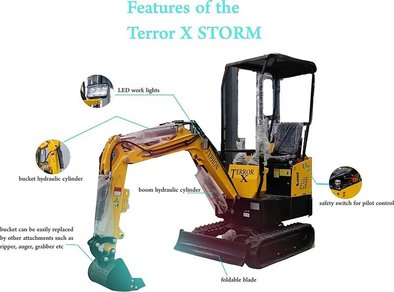 1 Ton TYPHON TERROR X STORM Mini Excavator – Hydraulic Thumb, Canopy, Bucket, USA