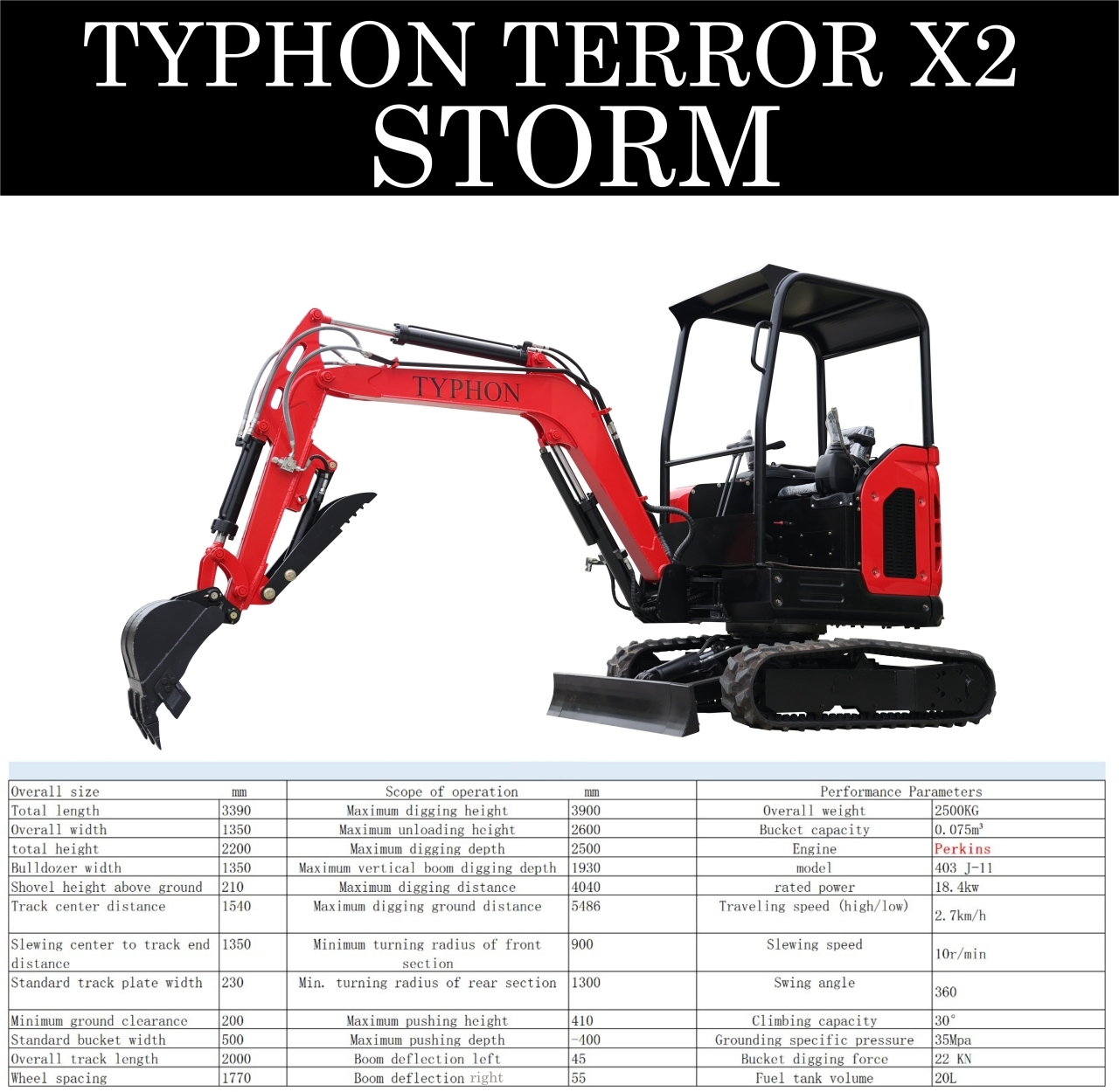 TYPHON TERROR X2 STORM 2.5 Ton Mini Excavator with Perkins Diesel Engine USA