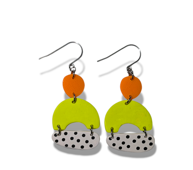 neon geos - yellow & orange with black & white dots
