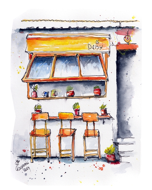 Watercolor Art of Café Scene
