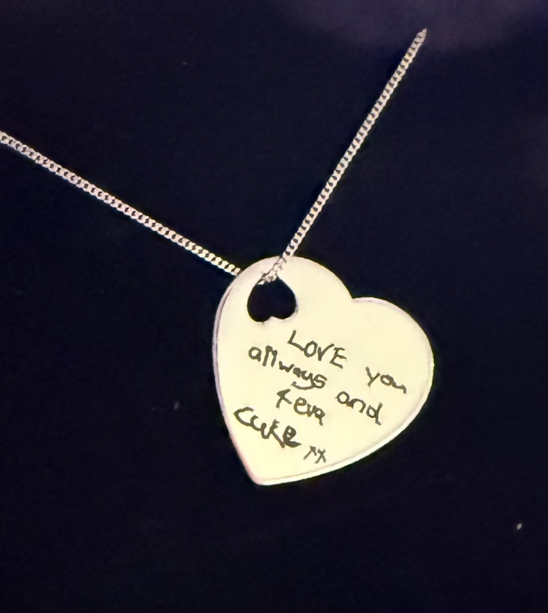 Sterling Silver Memorial Heart Shaped Pendant - suitable for engraved handwriting or fingerprint