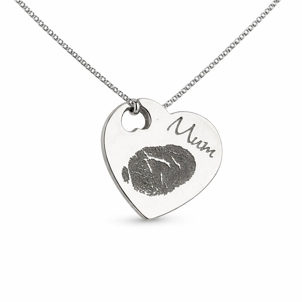 Sterling Silver Memorial Heart Shaped Pendant - suitable for engraved handwriting or fingerprint