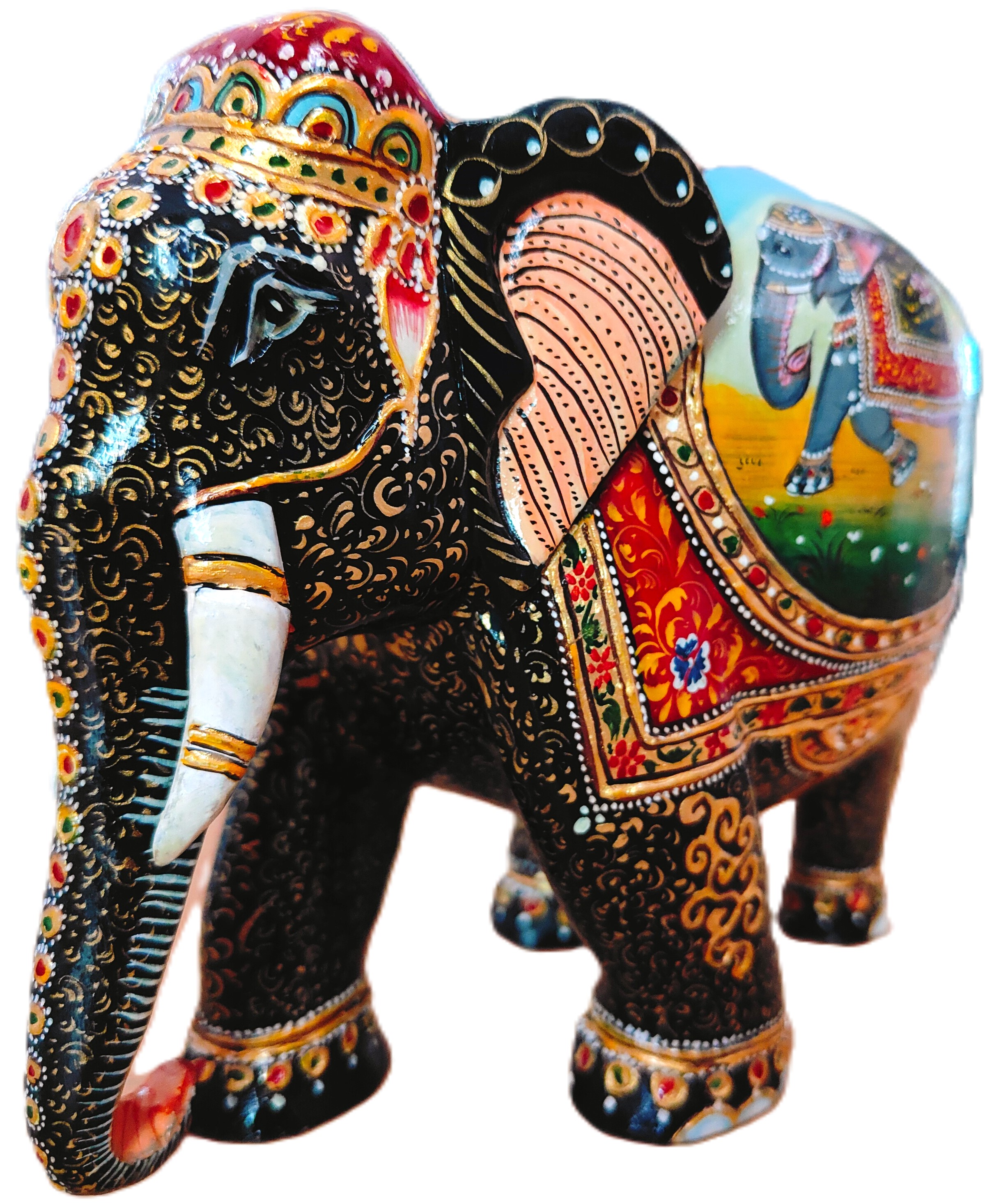 Decorative Wooden Elephant Statue, Hand Painted, for Home and Office Decor