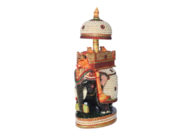 Stone Work Wooden Ambabari Trunk Down Elephant Spiritual Auspicious Handmade Decorative Showpiece Figurine 