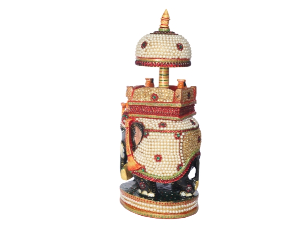Stone Work Wooden Ambabari Trunk Down Elephant Spiritual Auspicious Handmade Decorative Showpiece Figurine 