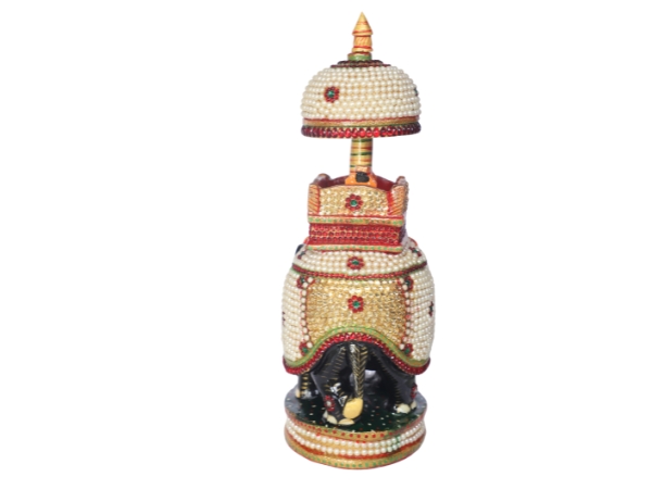Stone Work Wooden Ambabari Trunk Down Elephant Spiritual Auspicious Handmade Decorative Showpiece Figurine 