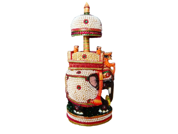 Stone Work Wooden Ambabari Trunk Down Elephant Spiritual Auspicious Handmade Decorative Showpiece Figurine 