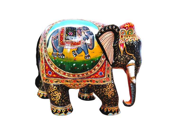 Decorative Wooden Elephant Statue, Hand Painted, for Home and Office Decor