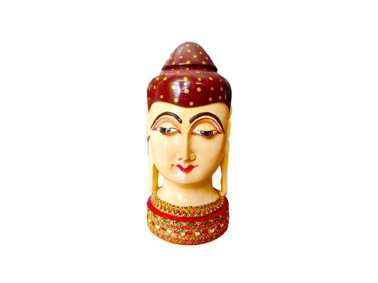 Handmade Wooden Buddha^s face Painted Statue for Home, Office Decor 8inches 