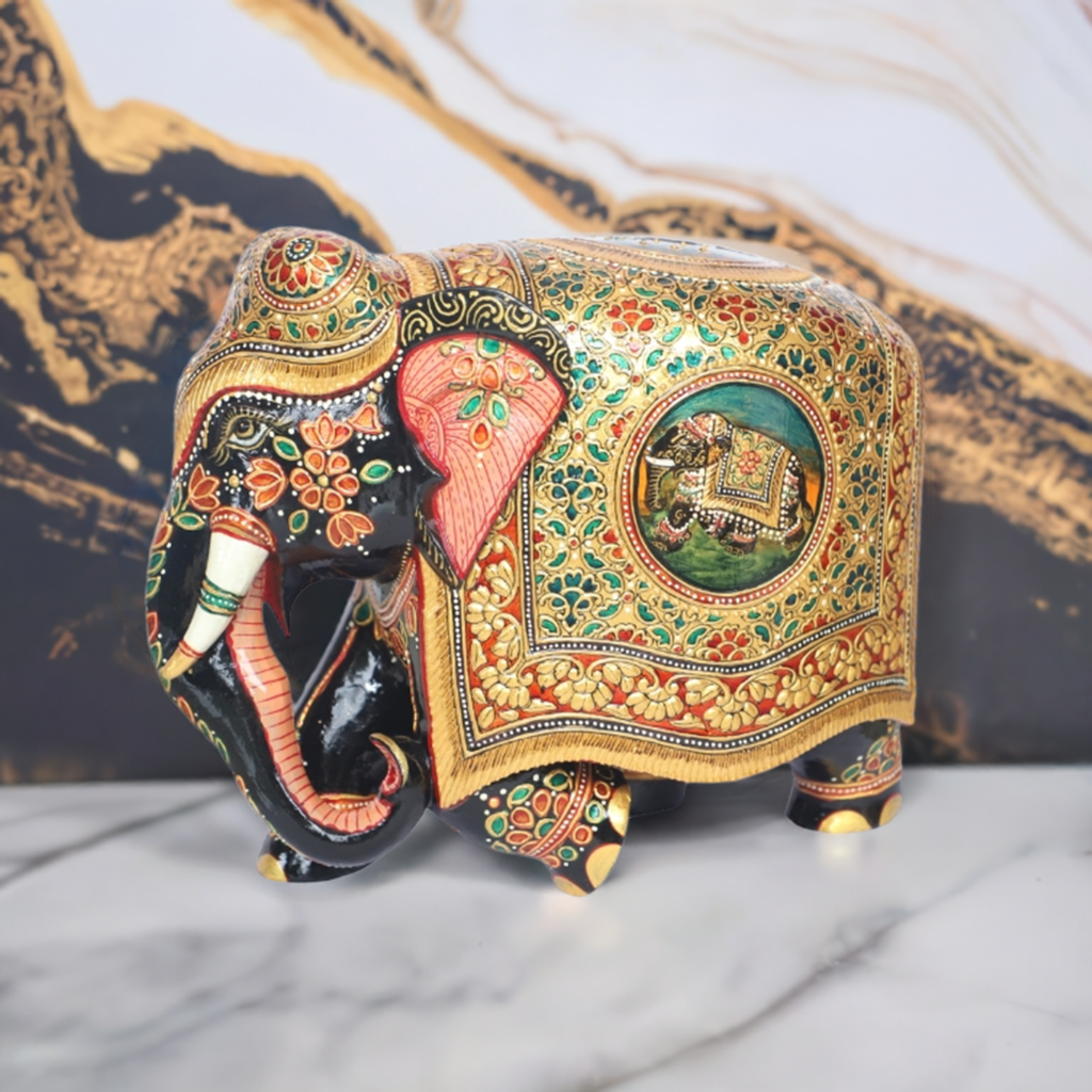 Hand-Painted Wooden Elephant Statue | Rajasthani Decorative Elephant Figurine for Home Decor & Gifting