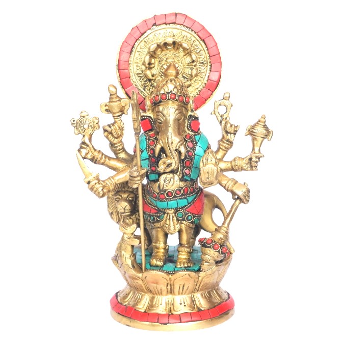 Brass Lord Ganesha Idol with Stone Work | Multi-Arm Ganesh Murti for Home Temple, Puja & Spiritual Decor