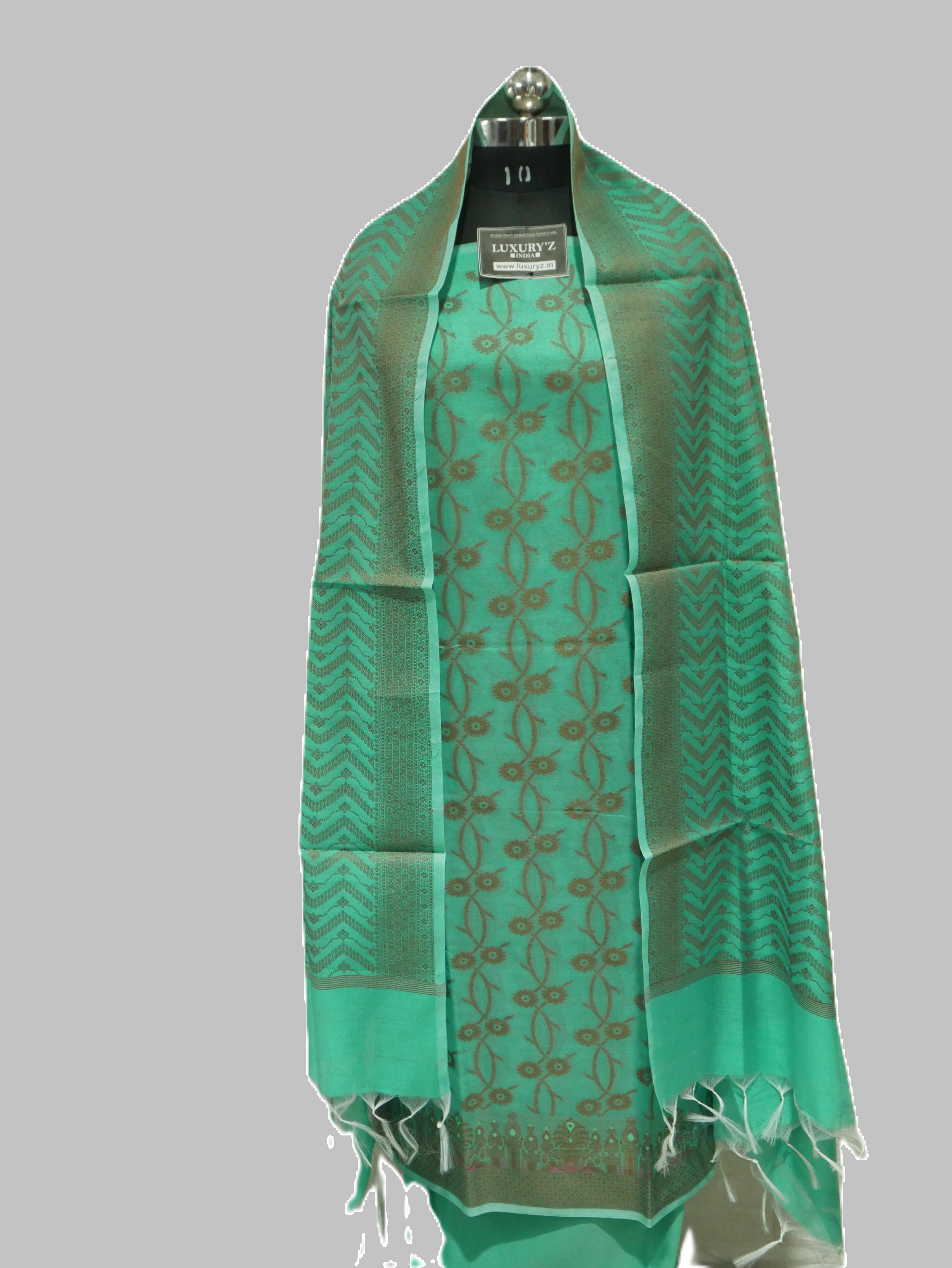STAMP PAD GREEN COLOUR BANARASI COTTON SILK SUIT WITH HEAVY DUPATTA