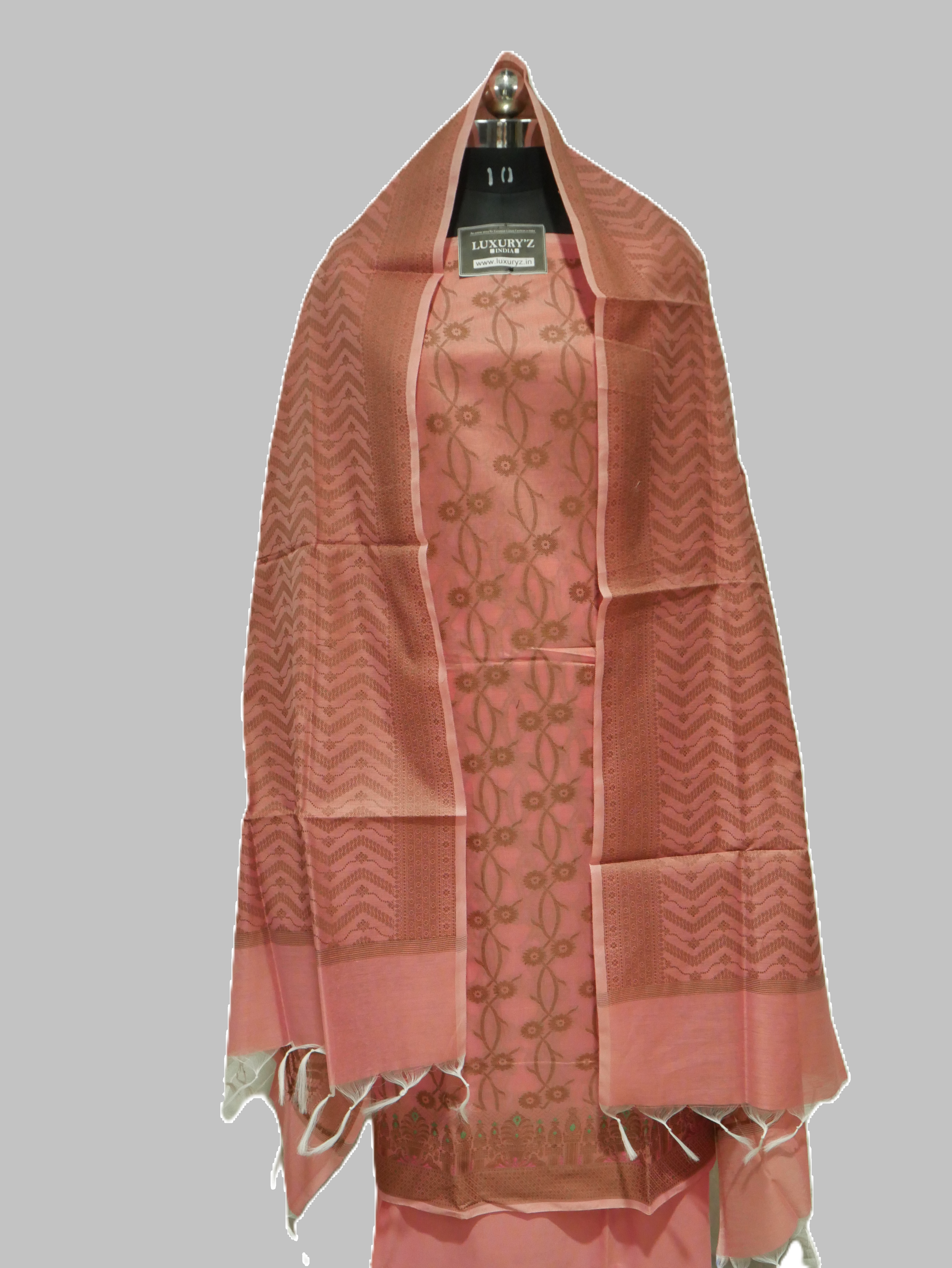 LASTING PEACH COLOUR BANARASI COTTON SILK SUIT WITH HEAVY DUPATTA