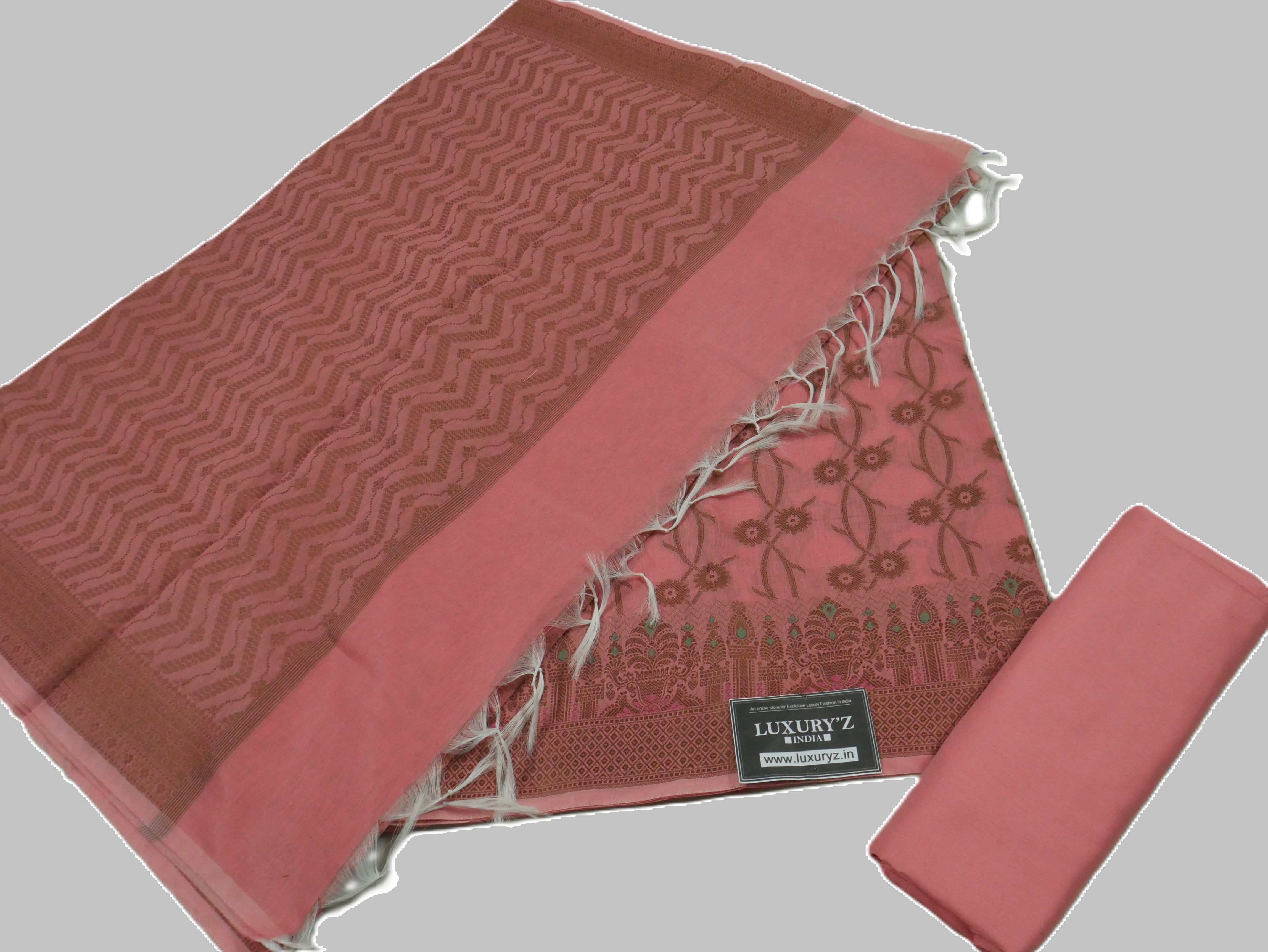 LASTING PEACH COLOUR BANARASI COTTON SILK SUIT WITH HEAVY DUPATTA