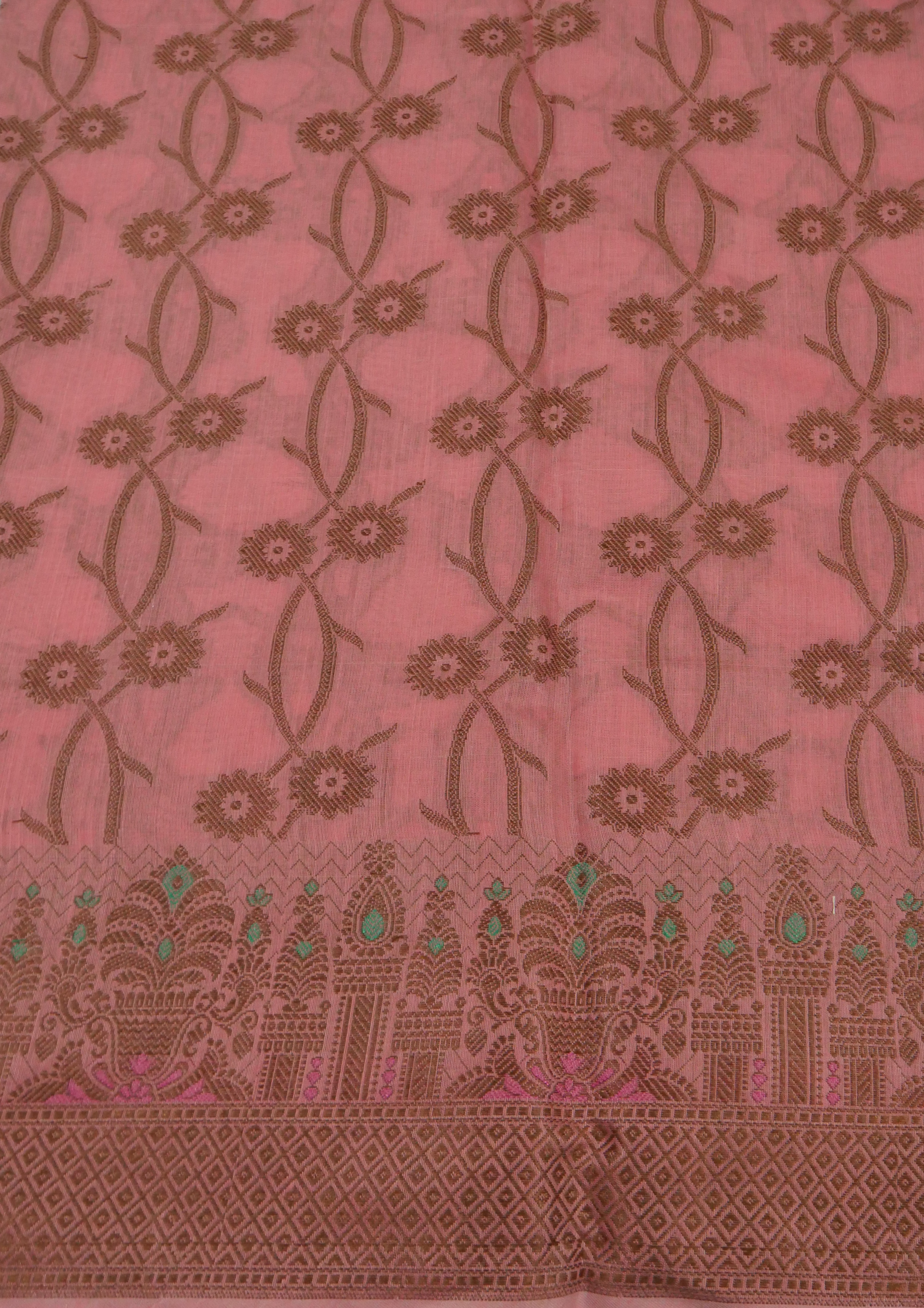 LASTING PEACH COLOUR BANARASI COTTON SILK SUIT WITH HEAVY DUPATTA