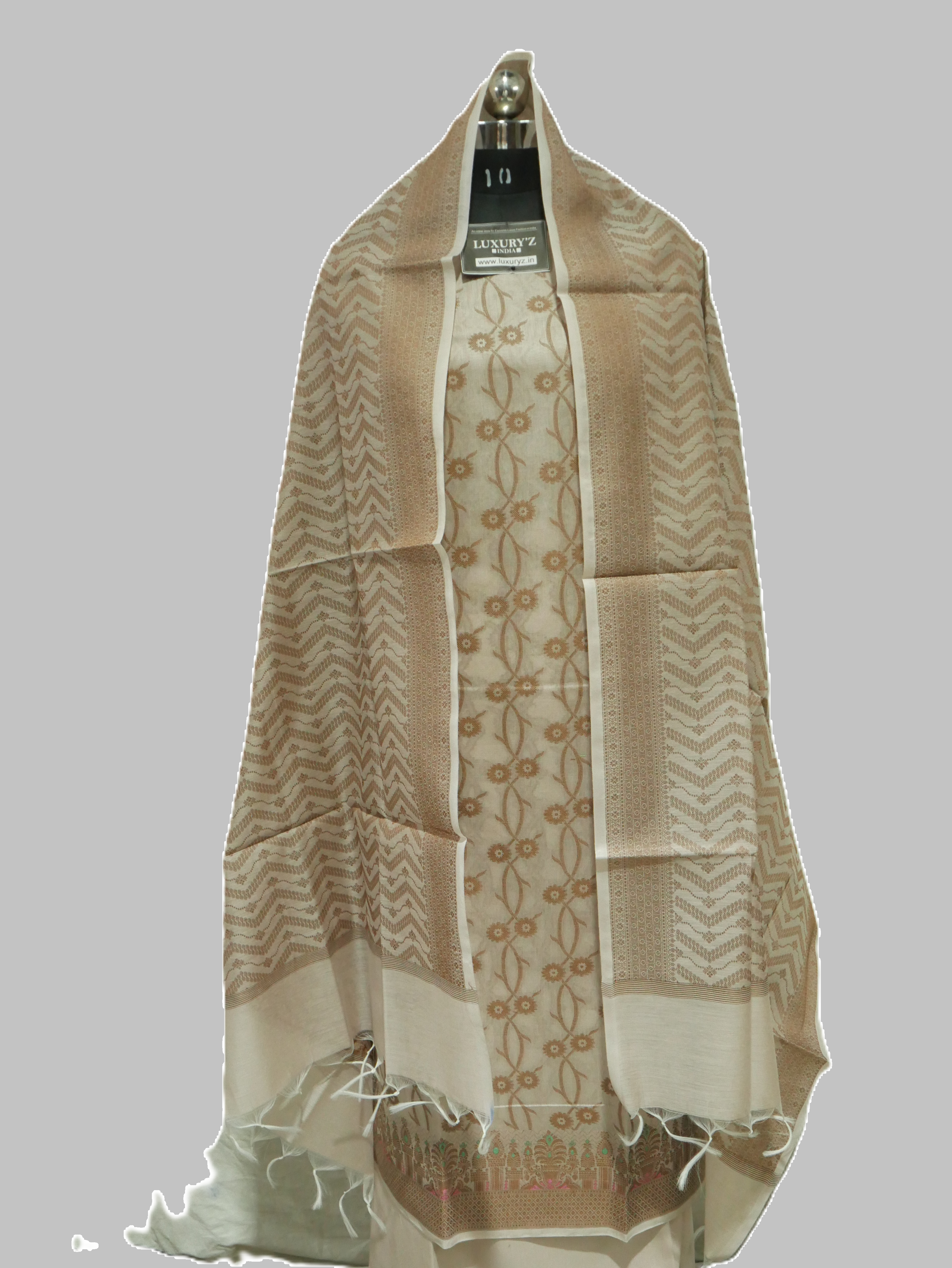 HALSTON BEIGE COLOUR BANARASI COTTON SILK SUIT WITH HEAVY DUPATTA