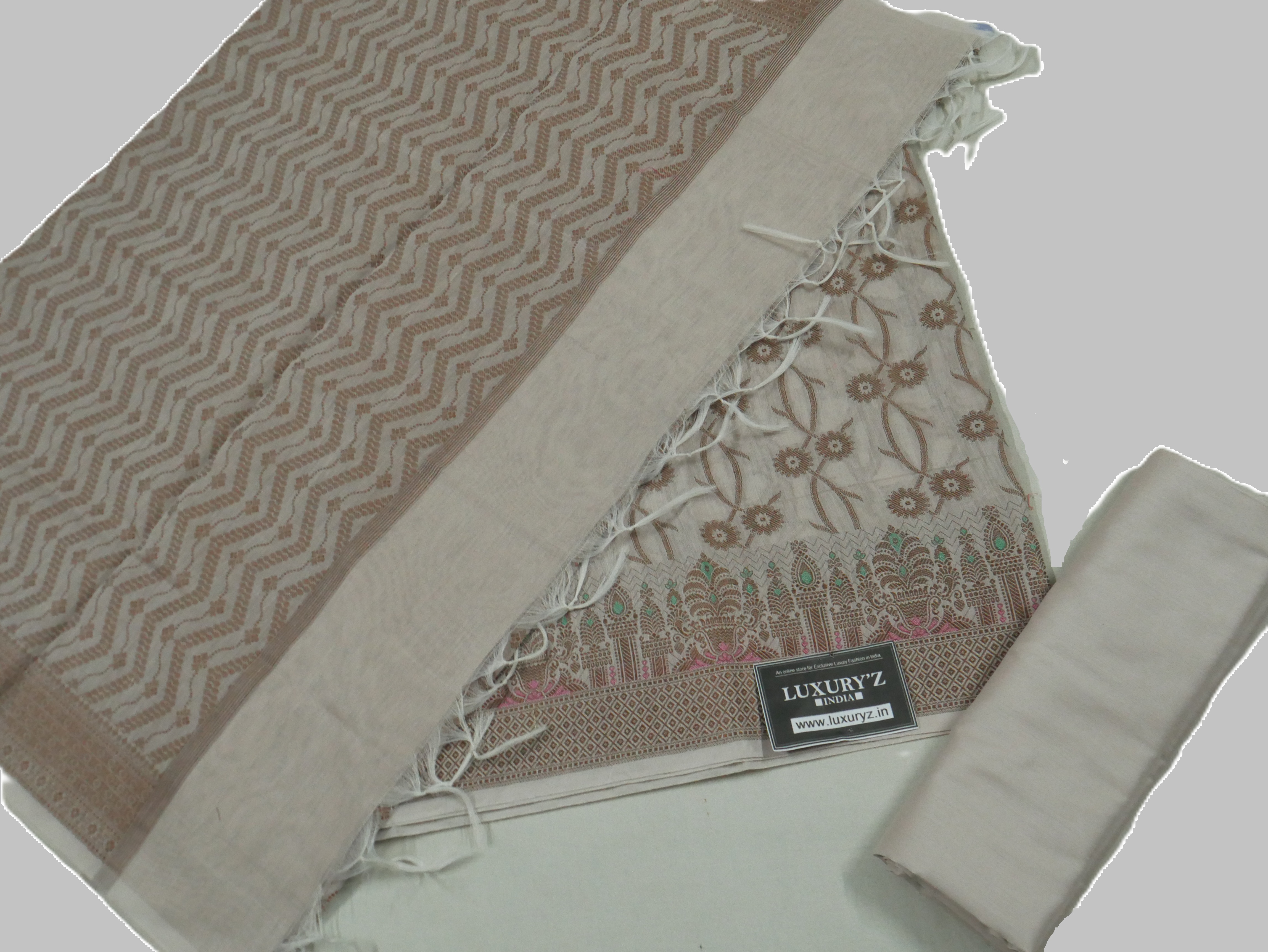 HALSTON BEIGE COLOUR BANARASI COTTON SILK SUIT WITH HEAVY DUPATTA