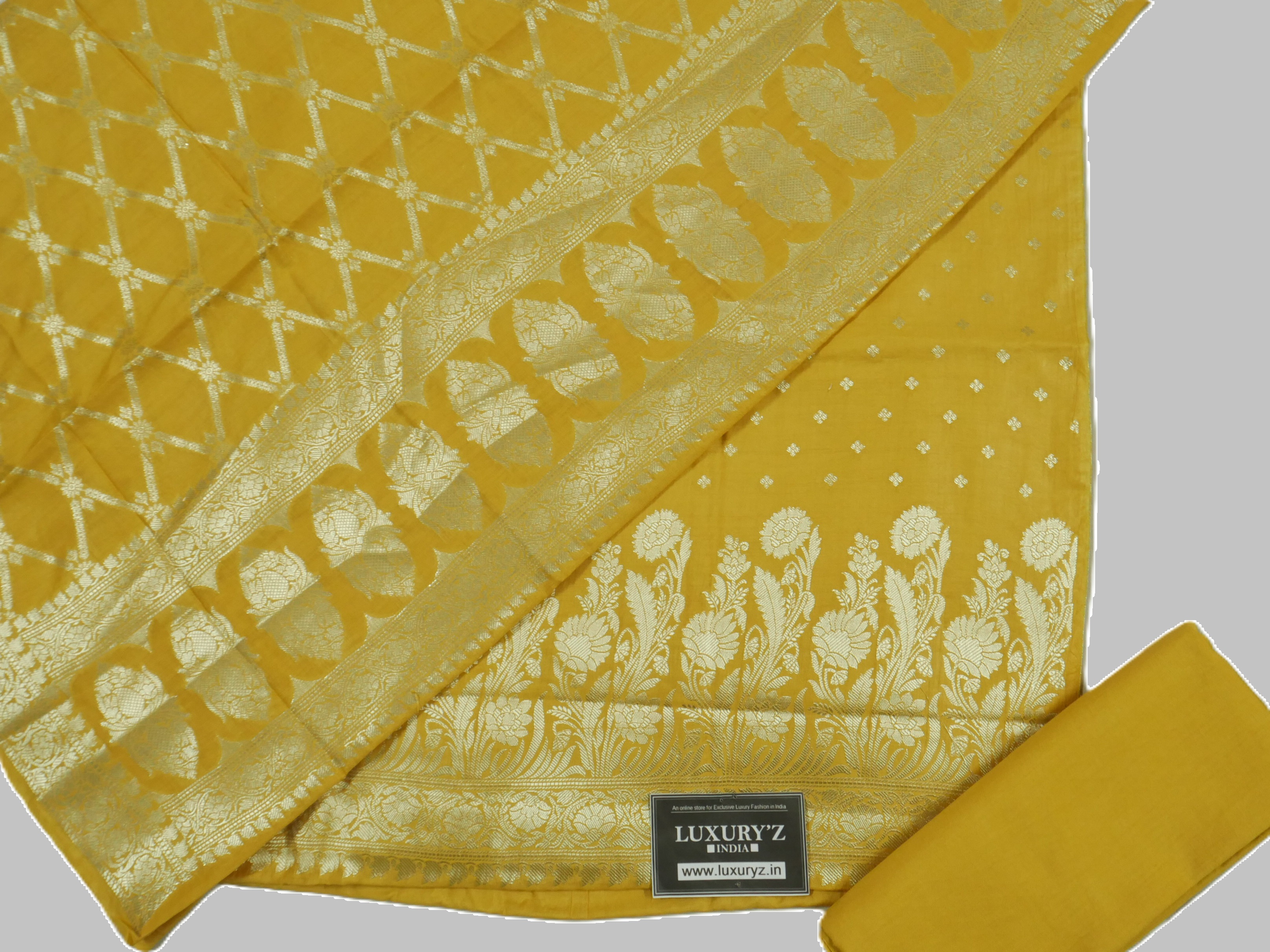 INDIAN MAIZE COLOUR BANARASI BUTTER SILK SUIT WITH HEAVY ZARI DUPATTA