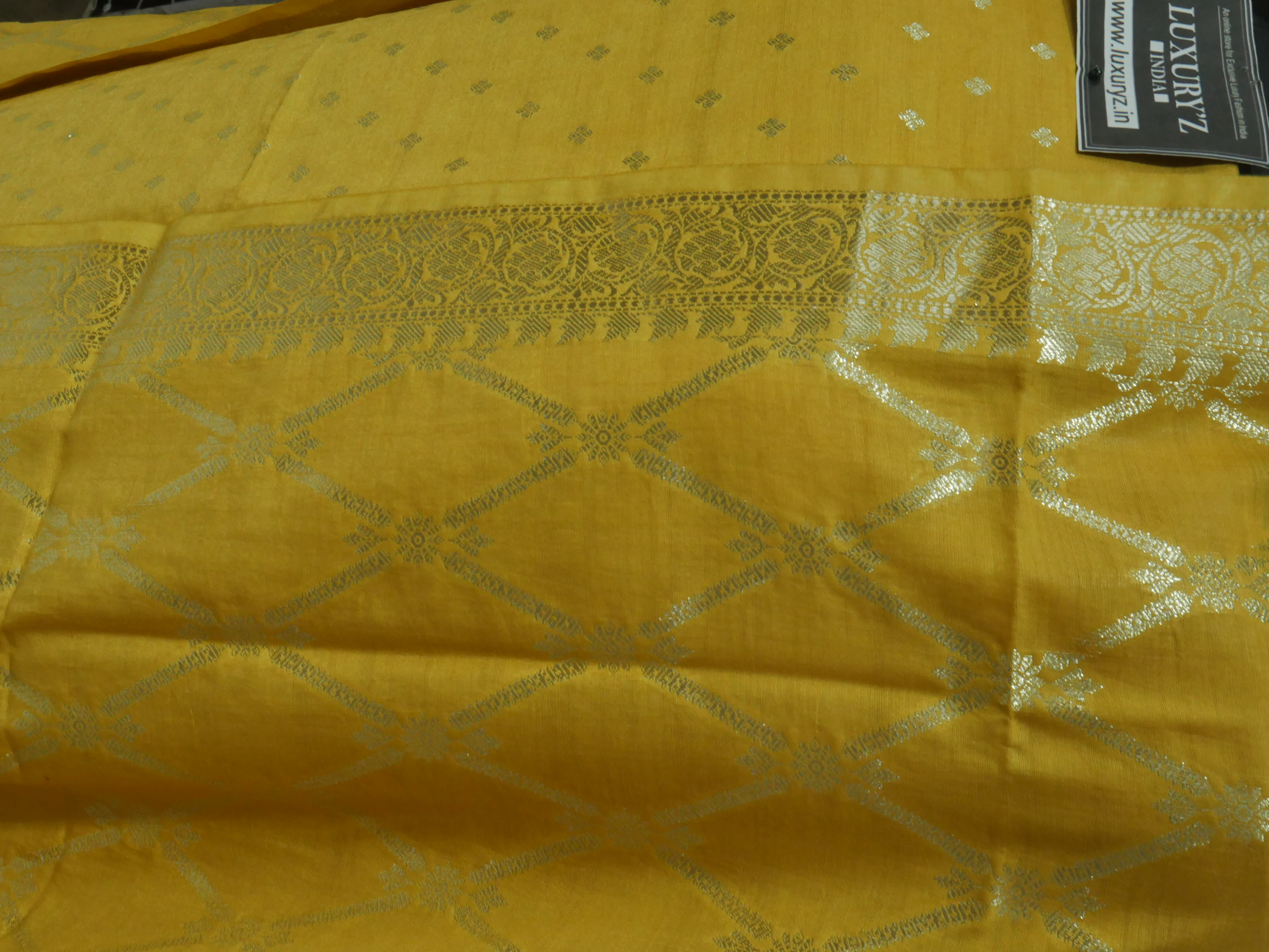 INDIAN MAIZE COLOUR BANARASI BUTTER SILK SUIT WITH HEAVY ZARI DUPATTA