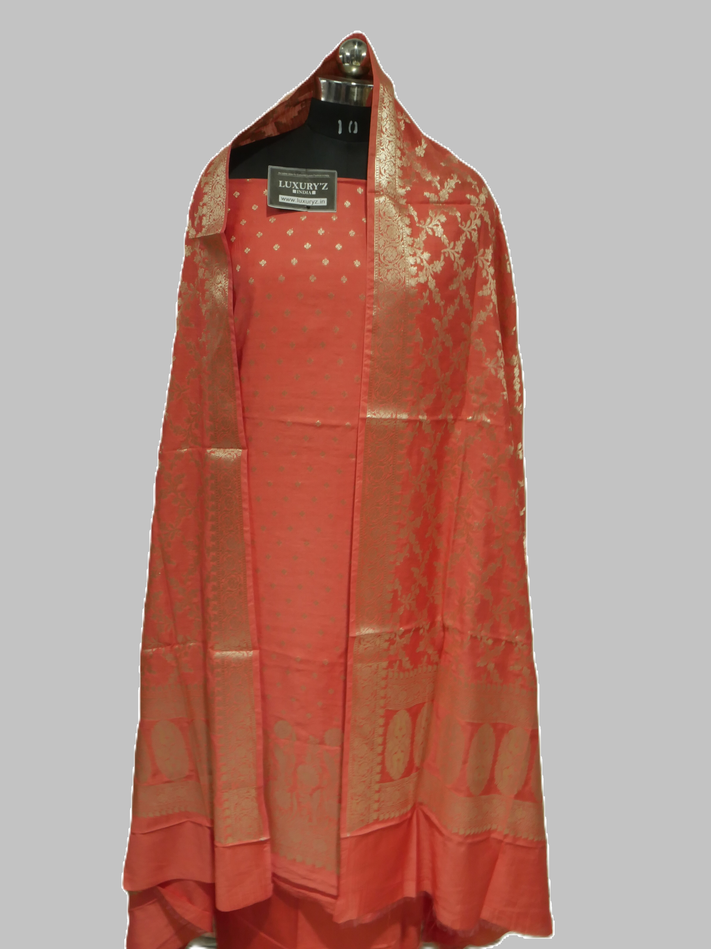 CAMELLIA ROSE COLOUR BANARASI BUTTER SILK SUIT WITH HEAVY ZARI DUPATTA