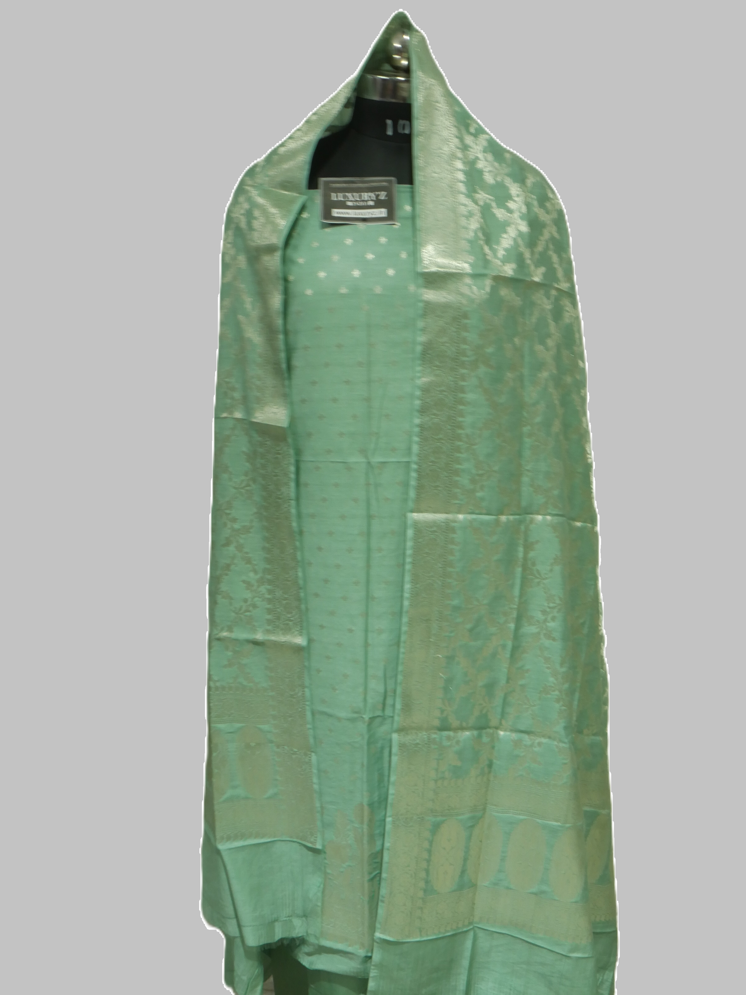 MEDIUM AQUAMARINE COLOUR BANARASI BUTTER SILK SUIT WITH HEAVY ZARI DUPATTA